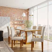 Conjunto de Mesa de Jantar com Vidro e 6 Cadeiras Olívia I Veludo Imbuia e Creme