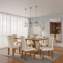 Conjunto de Mesa de Jantar com Vidro e 6 Cadeiras Sienna I Veludo Imbuia e Creme