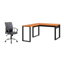 Conjunto de Mesa em L Anah Freijó com Cadeira de Escritório Diretor Giratória Oslo Preta