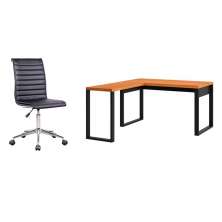 Conjunto de Mesa em L Anah Freijó com Cadeira de Escritório Secretária Giratória Marilyn Preta