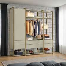 Guarda-Roupa Closet Industrial Ground 1 Porta 6 Gavetas Off White e Dourado