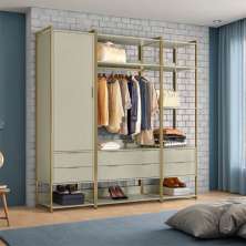 Guarda-Roupa Closet Industrial Luzy 1 Porta 6 Gavetas Off White e Dourado