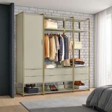 Guarda-Roupa Closet Industrial Tilda 1 Porta 6 Gavetas Off White e Dourado