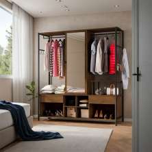 Guarda-Roupa Closet Modulado com Espelho Senega 1 Porta 2 Gavetas Preto e Demolição 174 cm