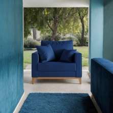 Poltrona Alexa Pés e Base em Madeira Linho Cotton Azul Marinho