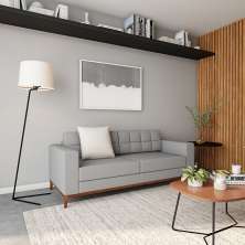 Sofá 3 Lugares Calmness Pés e Base em Madeira Linho Cotton Cinza 180 cm