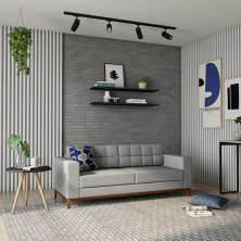 Sofá 3 Lugares Happy Pés e Base em Madeira Linho Cotton Cinza 180 cm