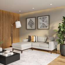 Sofá 3 Lugares Joy com Chaise Esquerdo Pés e Base em Madeira Linho Cotton Cru