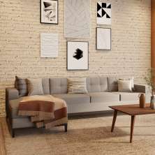 Sofá 4 Lugares Joy com Chaise Esquerdo Pés e Base em Madeira Linho Cotton Cru