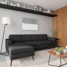 Sofá 4 Lugares Líbia com Chaise Esquerdo Pé Palito Linho Cotton Grafite Escuro
