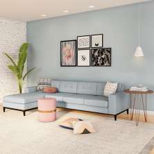 Sofá 4 Lugares Surprised com Chaise Esquerdo Pés e Base em Madeira Linho Cotton Cinza