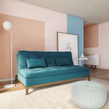 Sofá-Cama 3 Lugares Casal Estilo Base e Pés de Madeira Suede Azul