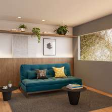 Sofá-Cama 3 Lugares Casal Prestigio Base e Pés de Madeira Suede Azul