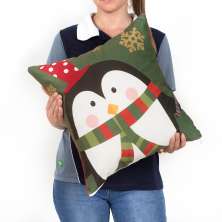 Almofada Decorativa Natal de Suede 40cm x 40cm Estampada Pinguim com Refil de Silicone