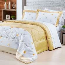 Cobre Leito Amarelo Queen Estampado Floral Percal 200 Fios + Jogo de Lençol 100% Algodão - 7 Peças