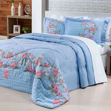 Cobre Leito King Floral Estampado Azul Claro Percal 200 Fios + Jogo de Cama 100% Algodão - 7 Peças