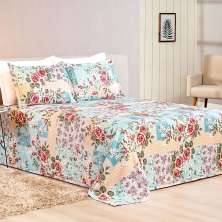 Cobre Leito Patchwork Azul Queen Tecido Piquet 3 Peças