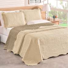 Colcha King Cáqui Bouti Dupla Face Matelada Ultrassônico + Jogo de Cama Ponto Palito - 7 Peças