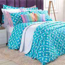 Colcha Queen Size Estampado Geométrico Azul 3 Peças 100% Algodão 200 Fios