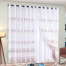 Cortina para Quarto de Voil com Forro 3,00m x 2,50m Loren Bordada com detalhes Tabaco ideal para Varão de 3 metros simples