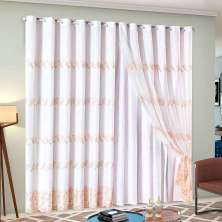Cortina para Sala de Voil com Forro 3,00m x 2,50m Loren Bordada com detalhes Dourado ideal para Varão de 2 metros simples