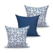 Jogo Capa de Almofada Grande Decorativa Azul Triângulo 60cm x 60cm 3 Unidades com zíper