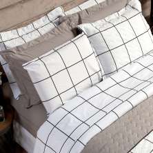 Jogo de Cama Solteiro Estampado Grid Branco 3 Peças 100% Algodão 200 Fios