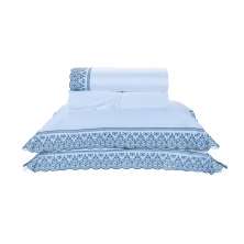 Jogo de Lençol Queen Size Branco / Azul 400 Fios Egípcio 100% Algodão 4 Peças 2,60m x 2,40m