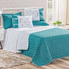 Kit Cobre Leito Queen Azul / Branco Dupla Face Matelado 5 Peças Garden