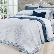 Kit Cobre Leito Queen Size Branco / Azul 400 Fios Egípcio 100% Algodão + Jogo de Cama - 7 Peças
