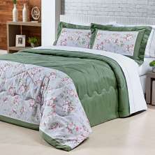 Kit Cobre Leito Verde Queen Estampado Floral Percal 200 Fios + Jogo de Lençol 100% Algodão - 7 Peças