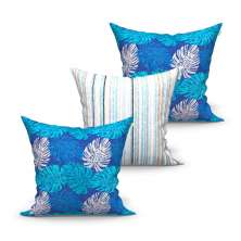 Kit de Capa de Almofada Grande Floral Azul E Listrada 60cm x 60cm 3 Unidades com zíper