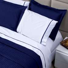 Kit de Jogo de Cama Branco com Detalhes Azul Marinho 100% Algodão Queen Size 4 Peças