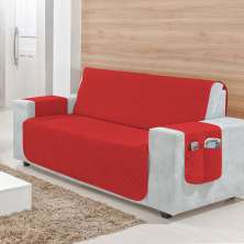 Protetor de Sofá Vermelho 3 Lugares Clássico Liso Matelado com Porta Objetos