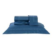 Roupa de Cama Queen 400 Fios Egípcio Azul 100% Algodão Bordado 4 Peças