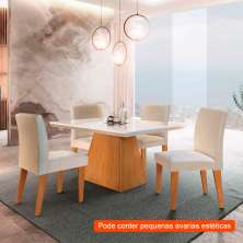 [OUTLET] Conjunto de Mesa de Jantar Luna com Tampo Off White e 4 Cadeiras Grécia Veludo Creme e Imbuia