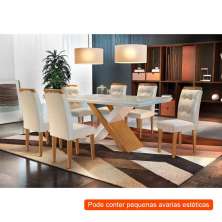 [OUTLET] Conjunto de Mesa de Jantar com Vidro e 6 Cadeiras Imperatriz Veludo Creme e Off White