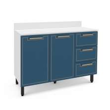Balcão de Cozinha Amara com Tampo 2 Portas 3 Gavetas Azul e Branco