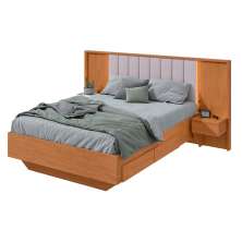 Cama Casal com 2 Mesas de Apoio USB Solaris 4 GV Revestimento Sintético Bege e Amêndoa