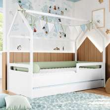 Cama Infantil Montessoriana Casinha Tivoli com Cama Auxiliar Branca
