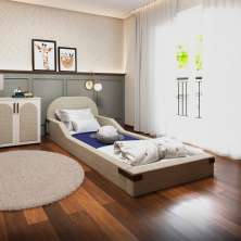 Cama Infantil Montessoriana Mavi Bouclé Bege e Caramelo
