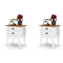 Conjunto com 2 Mesas de Cabeceira Bombe Premier 4 Gavetas Branco e Cumaru