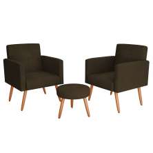 Conjunto com 2 Poltronas e 1 Puff Dallas Veludo Marrom