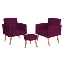 Conjunto com 2 Poltronas e 1 Puff Dallas Veludo Marsala