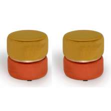 Conjunto com 2 Puffs Round Rainbown Veludo Ouro e Laranja