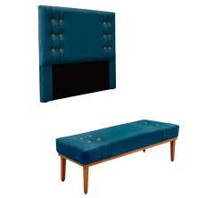 Conjunto de Cabeceira Casal com Recamier Gênova Veludo Azul Marinho