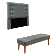 Conjunto de Cabeceira Casal com Recamier Gênova Veludo Cinza