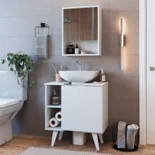 Conjunto de Gabinete e Armário de Banheiro com Espelho Slim 2 PT Branco