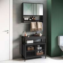 Conjunto de Gabinete para Banheiro Industrial Avis 2 PT com Armário Phoebe 2 PT Preto e Grafite