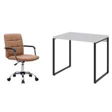 Conjunto de Mesa Kuadra Branca e Preta com Cadeira de Escritório Secretária Giratória Fitz Marrom